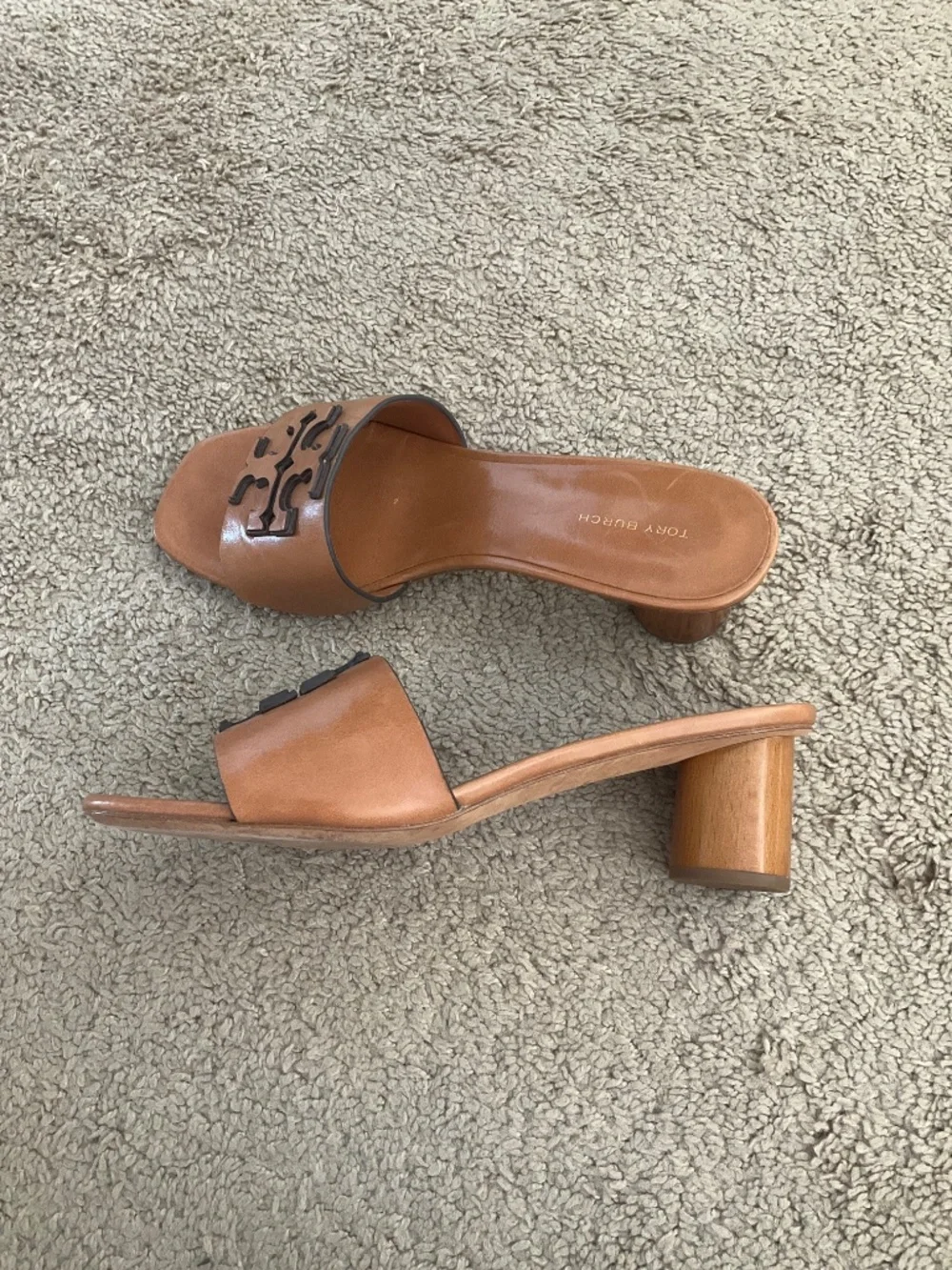 Tory Burch Tan Leather Slide Sandals with Logo Heel